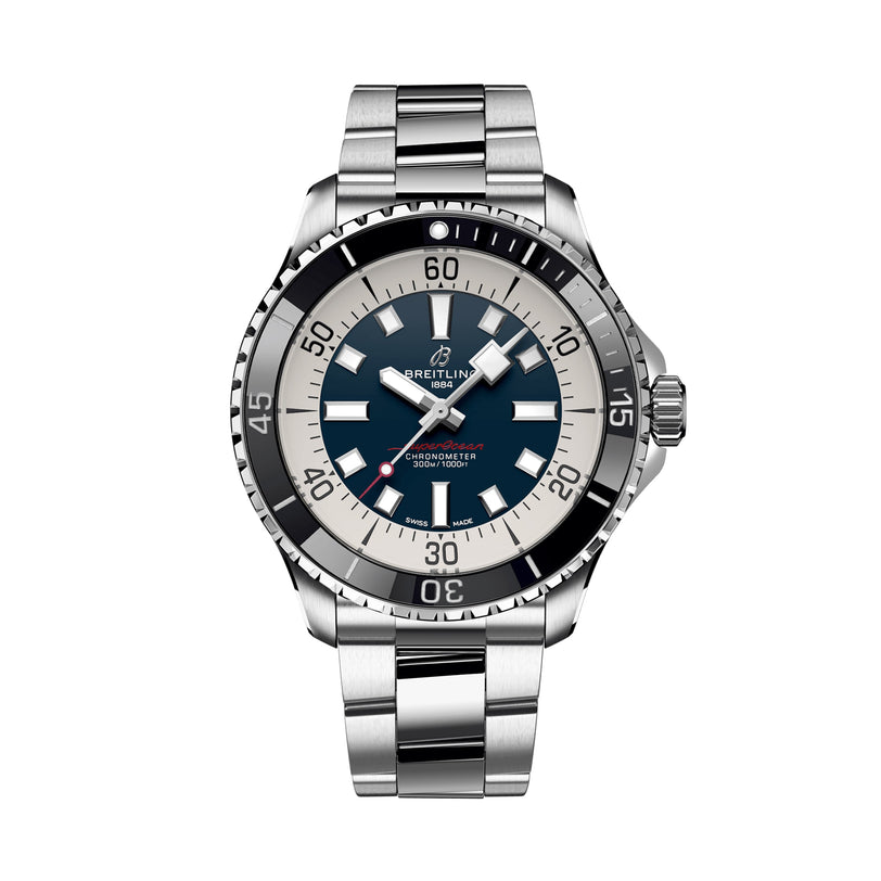 The Breitling Superocean Automatic 44 dive watch features a stainless steel case, black and silver bezel, blue dial with date display, automatic Breitling 17 calibre movement, and metal link bracelet, shown on a white background.