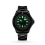 The Breitling Superocean Automatic 44 is a black dive watch with a glowing green dial and luminous hour markers and hands, powered by the automatic Breitling 17 calibre, shown against a white background.