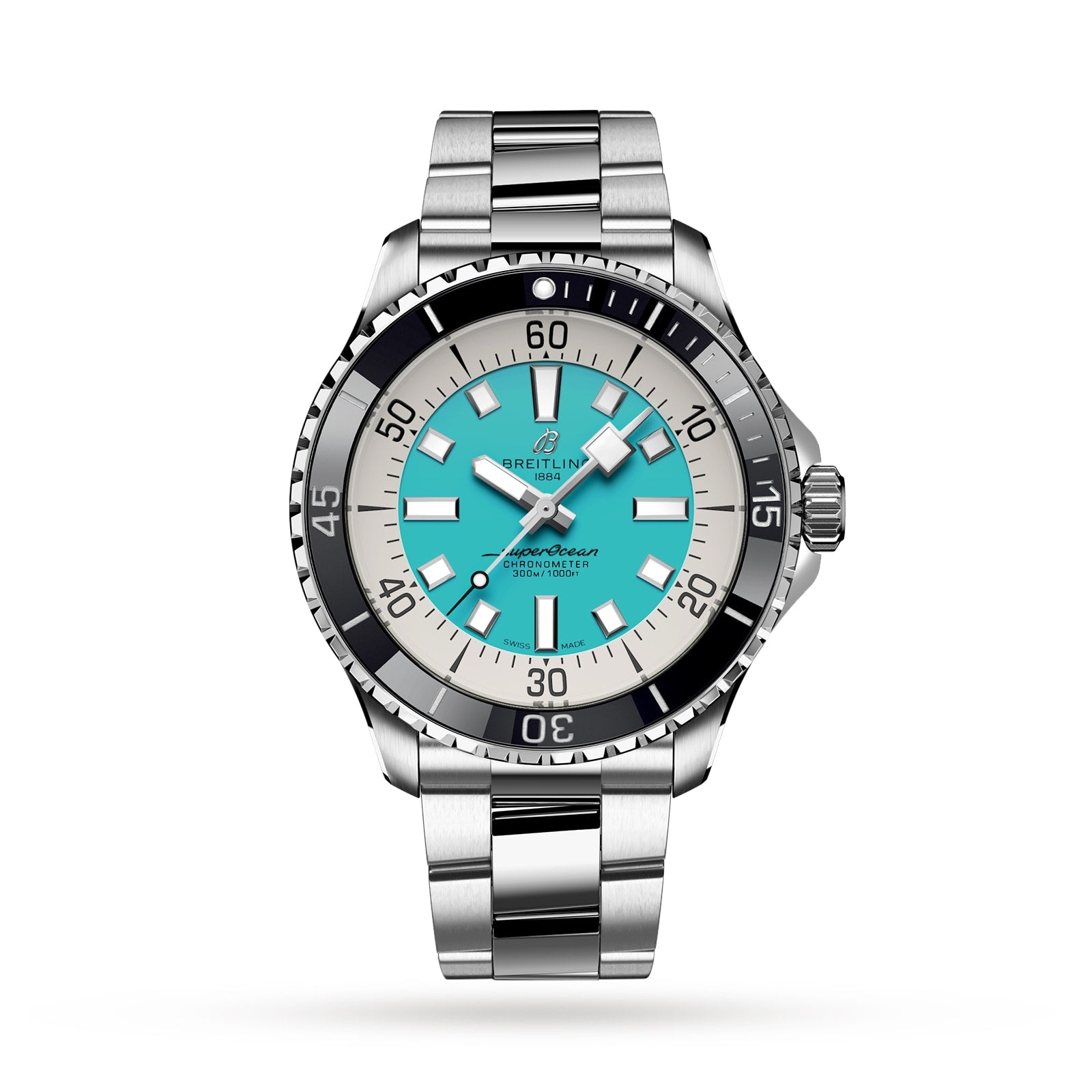 The Breitling Superocean Automatic 44, a stainless steel dive watch with a turquoise dial, black bezel, and silver hour markers, features automatic movement and water resistance. Displayed against a white background.