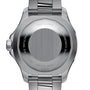 Back view of a stainless steel Breitling Superocean Automatic 44 showing engraved text around the edge, including BREITLING, MANUFACTURE EN SUISSE, CERTIFIE CHRONOMETRE, 300M water resistant, and automatic movement.