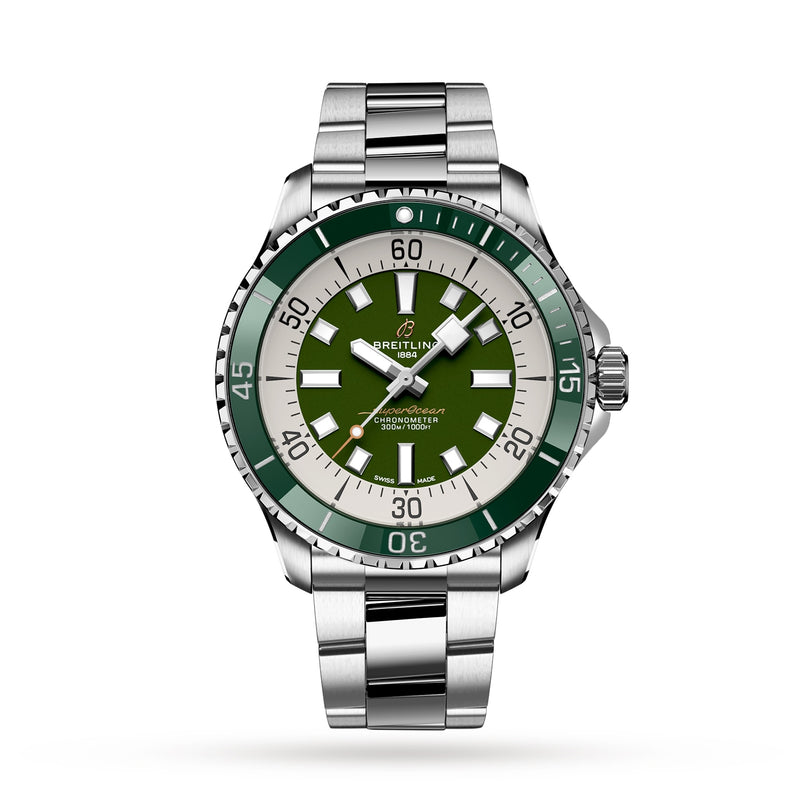 The Breitling Superocean Automatic 44 features a stainless steel case, green bezel and dial, white hour markers, date at 6 oclock, silver link bracelet, and automatic movement, shown against a white background.