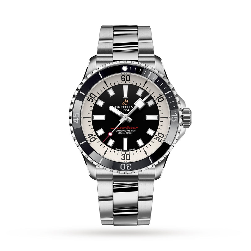 The Breitling Superocean Automatic 42 is a stainless steel dive watch inspired by the 1960s Slow Motion, with a black and white bezel, black dial, silver markers, metal bracelet, water resistance to 30 bar, and automatic Breitling 17 calibre.