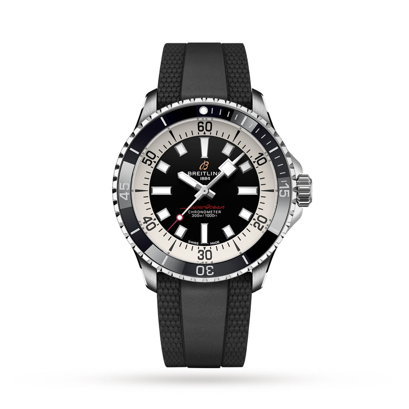 The Breitling Superocean Automatic 42 dive watch features a black dial, black and white bezel, silver markers, and a black rubber strap, powered by the Breitling 17 calibre, shown against a white background.