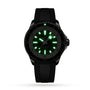 The Breitling Superocean Automatic 42 dive watch features a luminous green dial with markers, black bezel, and black rubber strap, displayed against a white background.