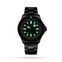 The Breitling Superocean Automatic 42 is a black dive watch with a green-glowing Super-LumiNova dial and hour markers, shown against a plain white background.