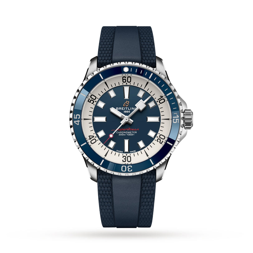 The Breitling Superocean Automatic 42 features a blue rubber strap, a blue and white dial, stainless steel case, rotating bezel, and is powered by the Breitling 17 calibre, shown on a white background.