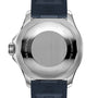 The back of the Breitling Superocean Automatic 42 showcases an engraved metal case, blue rubber strap, and displays water resistance, model numbers, and the Breitling 17 calibre.
