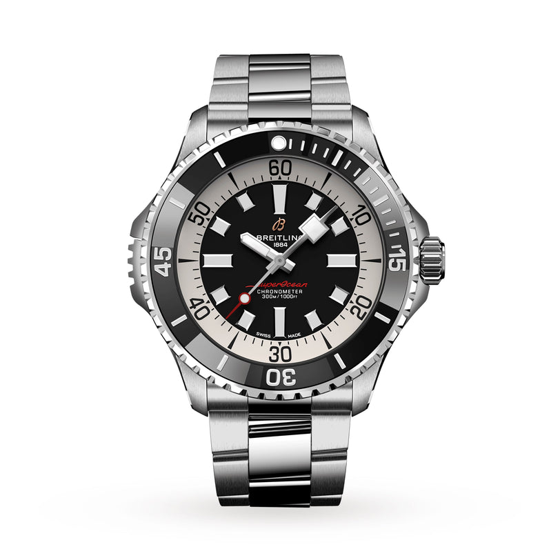 The Breitling Superocean Automatic 46 is a stainless steel wristwatch with a black and white bezel, black dial, silver hour markers, and a metal link bracelet, inspired by the 1960s Slow Motion era and powered by the Breitling 17 calibre.