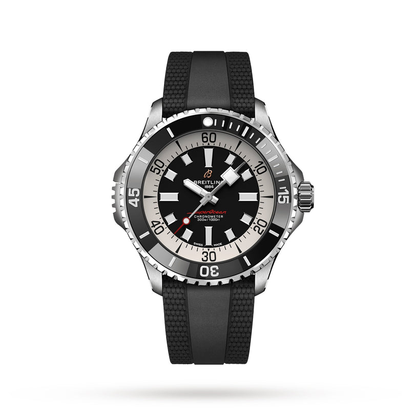The Breitling Superocean Automatic 46 is a stainless steel dive watch with a black and silver bezel, black dial, luminescent markers, and textured black rubber strap. It features the Breitling 17 calibre movement and is water resistant.