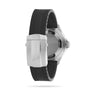 Back view of the Breitling Superocean Automatic 46 wristwatch with black rubber strap and stainless steel clasp, featuring a water-resistant case back with engraved branding, powered by the Breitling 17 calibre movement.