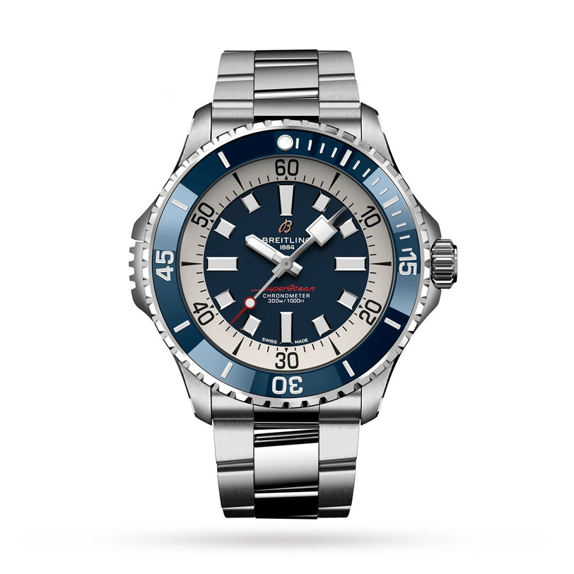 The Breitling Superocean Automatic 46, a 46mm stainless steel dive watch with a blue and white bezel, blue dial, luminous markers, and a metal link bracelet, is shown against a white background.