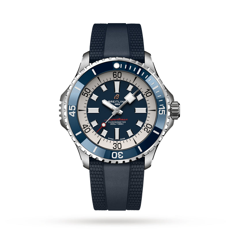 The Breitling Superocean Automatic 46 features a blue dial, silver bezel, and blue rubber strap with a Breitling 17 movement, shown at 10:10.
