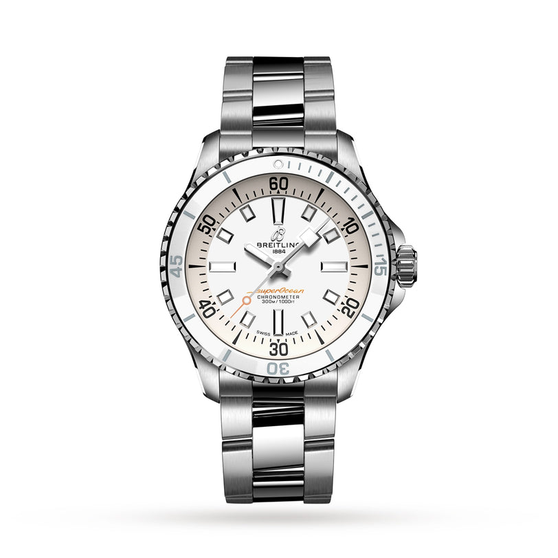 The Breitling Superocean Automatic 36 is a classic dive watch featuring a stainless steel case and band, automatic movement, white dial, and bold black markings.