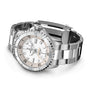The Breitling Superocean Automatic 36 is a classic dive watch with a stainless steel case, silver dial, black hour markers, and a metal link bracelet, displayed at an angle on a white background.