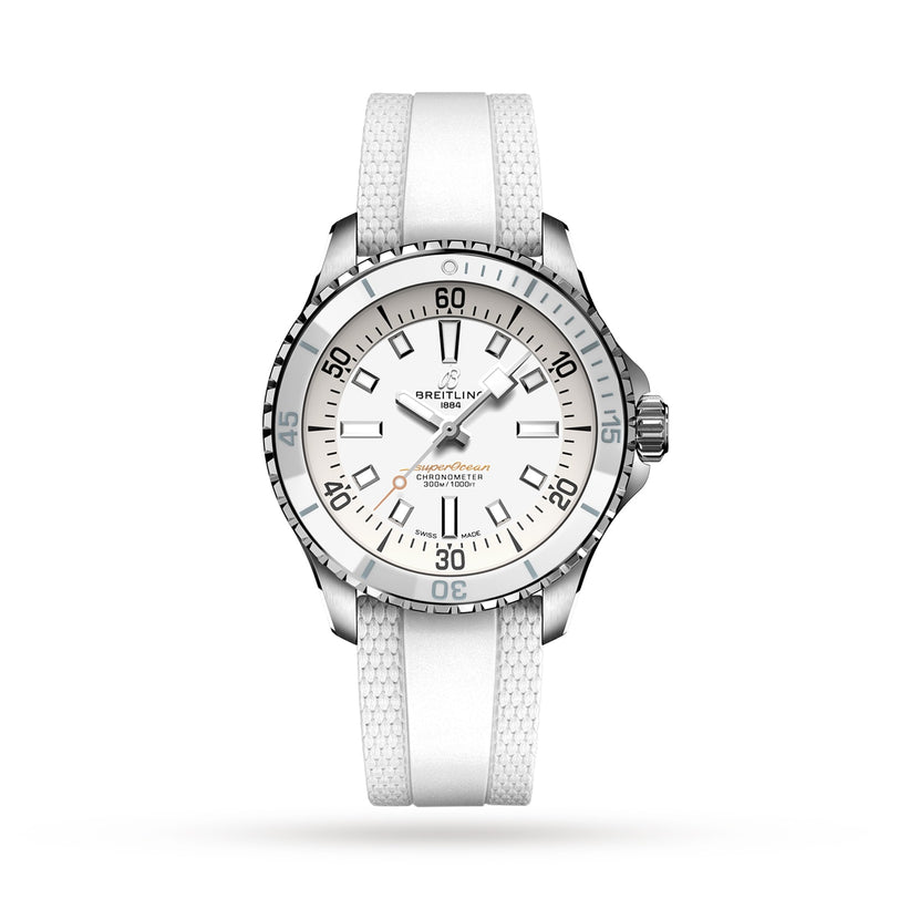 Breitling Superocean Automatic 36 dive watch with a white dial, Super-LumiNova markers, silver ceramic bezel, and textured white rubber strap, shown on a plain white background.