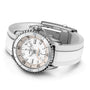 The Breitling Superocean Automatic 36 dive watch features a silver and white design with a white textured rubber strap, silver hour markers, and a ceramic bezel with Super-LumiNova accents, shown on a white background.