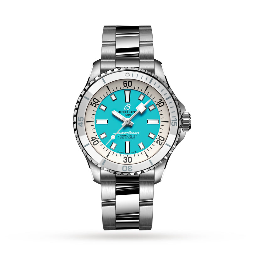 The Breitling Superocean Automatic 36 is a stainless steel diving watch with a turquoise dial, silver hour markers, ceramic bezel, and metal link bracelet, shown against a white background.