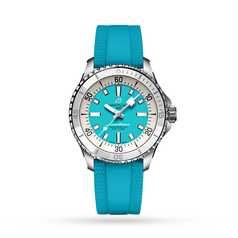 A Breitling Superocean Automatic 36 diving watch featuring a silver case, turquoise rubber strap, white and turquoise dial with luminous markers, and a ceramic inlay bezel, shown against a plain white background.