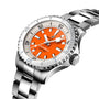 The Breitling Superocean Automatic 36 is a stainless steel dive watch with an orange dial, white hour markers, and a metal link bracelet—shown at an angle and designed with water resistance for durability.