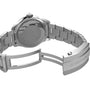 Back view of the Breitling Superocean Automatic 36 dive watch, featuring an open clasp that reveals engraved branding on the clasp and case back, showcasing its automatic movement and notable water resistance.
