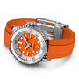 The Breitling Superocean Automatic 36 is a stainless steel dive watch with a tangerine rubber strap, orange dial, white hour markers, and a rotating bezel.