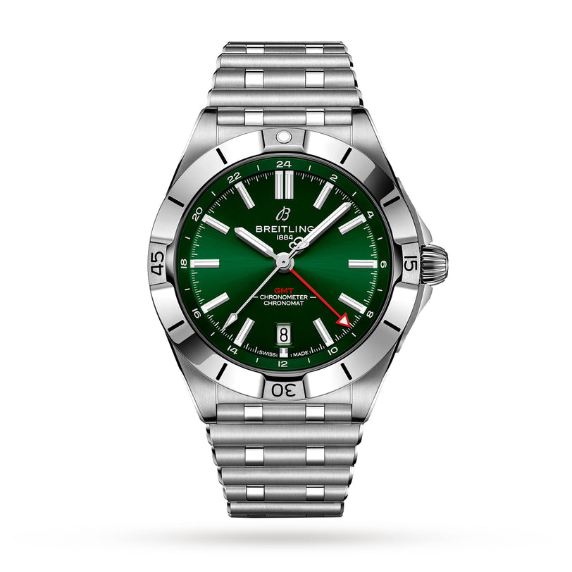 The Breitling Chronomat Automatic GMT 40 wristwatch features a stainless steel case, emerald dial, silver hour markers, date display at 6 o’clock, and a metal bracelet, displayed on a white background.