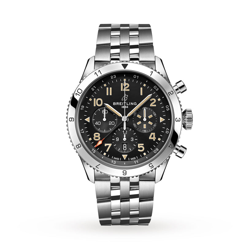 The Breitling Super AVI B04 Chronograph GMT 46 P-51 Mustang features a stainless steel case, black dial with chronograph subdials, luminous markers, and a metal link bracelet—powered by the Breitling B04 calibre. Shown on white background.