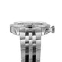 Side view of the Breitling Super AVI B04 Chronograph GMT 46 P-51 Mustang, featuring a stainless steel case, ridged bezel, crown, metal link bracelet, and powered by the Breitling B04 calibre.