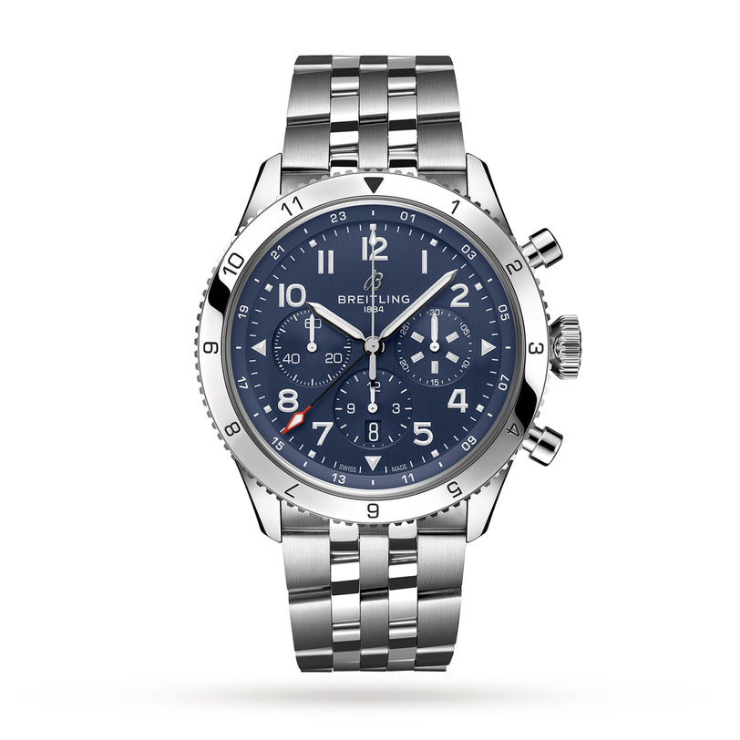The Breitling Super AVI B04 Chronograph GMT 46 Tribute To Vought F4U is a stainless steel pilots watch featuring a blue dial, multiple subdials, metal bracelet, and the Breitling B04 Manufacture calibre, shown against a white background.