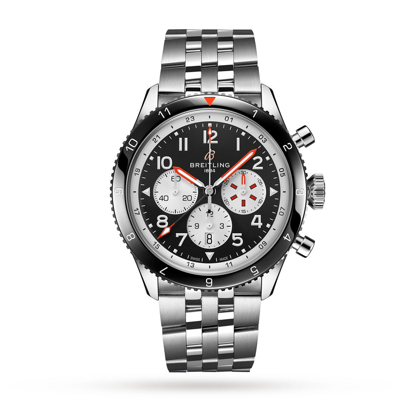 A Breitling Super AVI B04 Chronograph GMT 46 Mosquito stainless steel pilot’s watch featuring a black bezel, black dial with three subdials, date window, and metal link bracelet, shown on a white background.