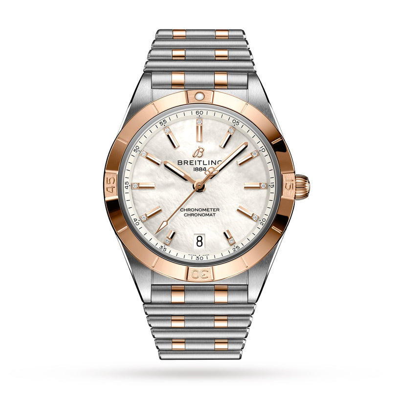 The Breitling Chronomat Automatic 36 features a two-tone silver and rose gold band, mother-of-pearl dial, diamond hour markers, and a date display at 6 oclock.