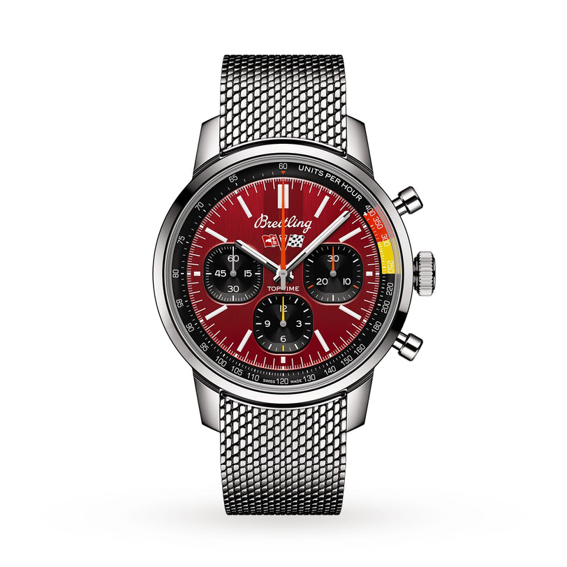 The Breitling Top Time B01 Chevrolet Corvette is a chronograph wristwatch featuring a red dial, three black subdials, tachymeter scale, silver mesh band, and three pushers—powered by the Breitling Manufacture Calibre 01.