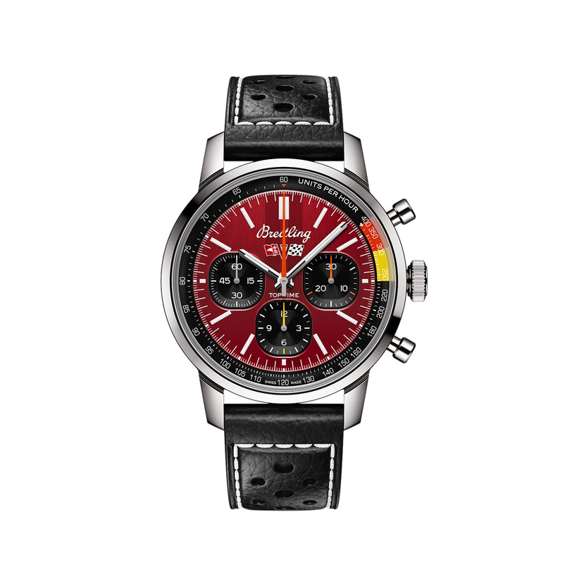 The Breitling Top Time B01 Chevrolet Corvette is a chronograph wristwatch with a red dial, three subdials, black leather strap, Manufacture Calibre 01 movement, and tachymeter scale, viewed from the front.