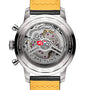 Close-up of the back of the Breitling Top Time B01 Chevrolet Corvette watch, featuring its exposed Manufacture Calibre 01 movement, engraved details, and yellow leather strap—an elegant tribute to classic automotive spirit.