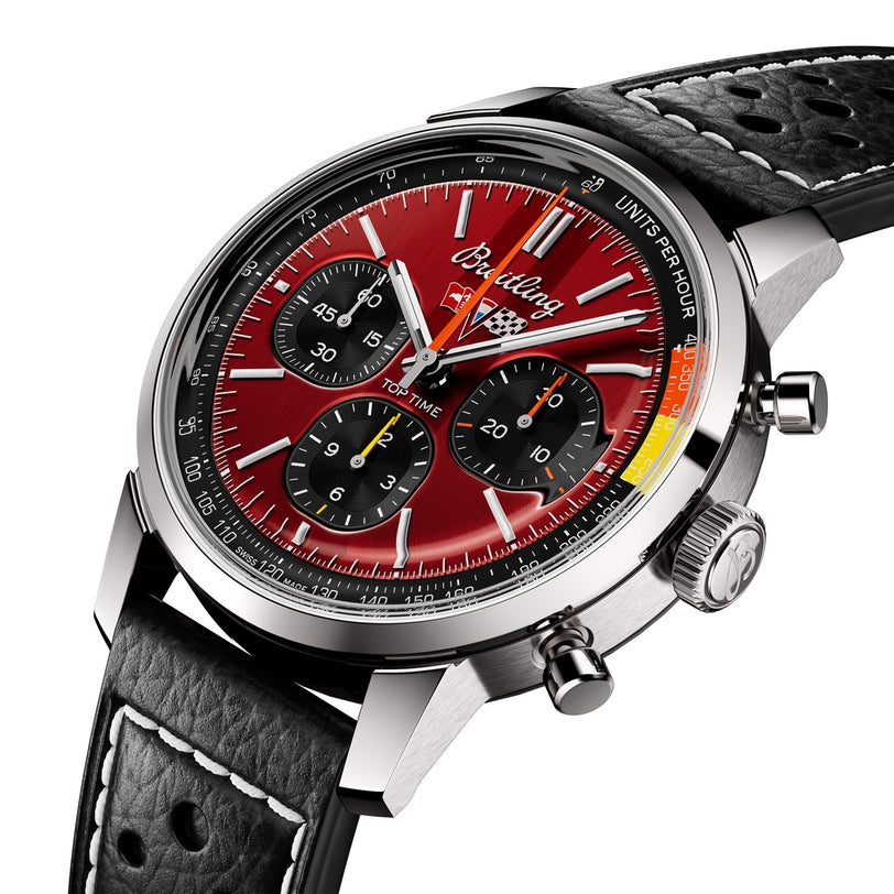 The Breitling Top Time B01 Chevrolet Corvette features a red dial with three black subdials, silver hour markers, a black leather strap, and stainless steel case—powered by the Breitling Manufacture Calibre 01 for precision.