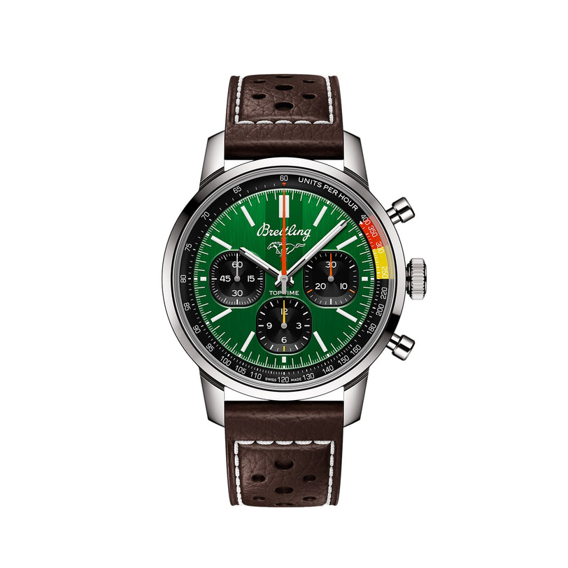 The Breitling Top Time B01 Ford Mustang features a racing green dial with three subdials, black bezel, colored tachymeter scale on the right, brown perforated leather strap, and is powered by the Breitling Manufacture Calibre 01 movement.