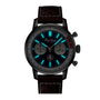 The Breitling Top Time B01 Shelby Cobra wristwatch features a dark leather strap, illuminated blue markers, two subdials, and chronograph pushers, shown against a white background.