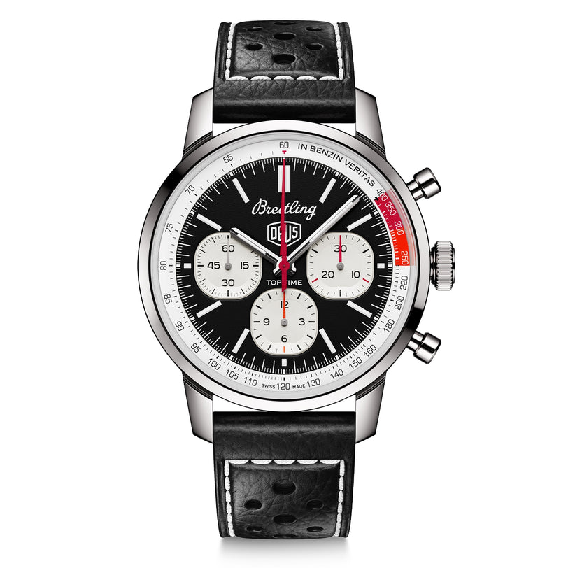 The Breitling Top Time B01 Deus is a black and silver chronograph wristwatch featuring a black leather strap, three subdials, and red accents on the right side of the dial.