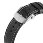 Close-up of the Top Time B01 Deus’s black leather strap with white stitching and a stainless steel buckle engraved with the Breitling logo—an elegant touch for this Racing chronograph.
