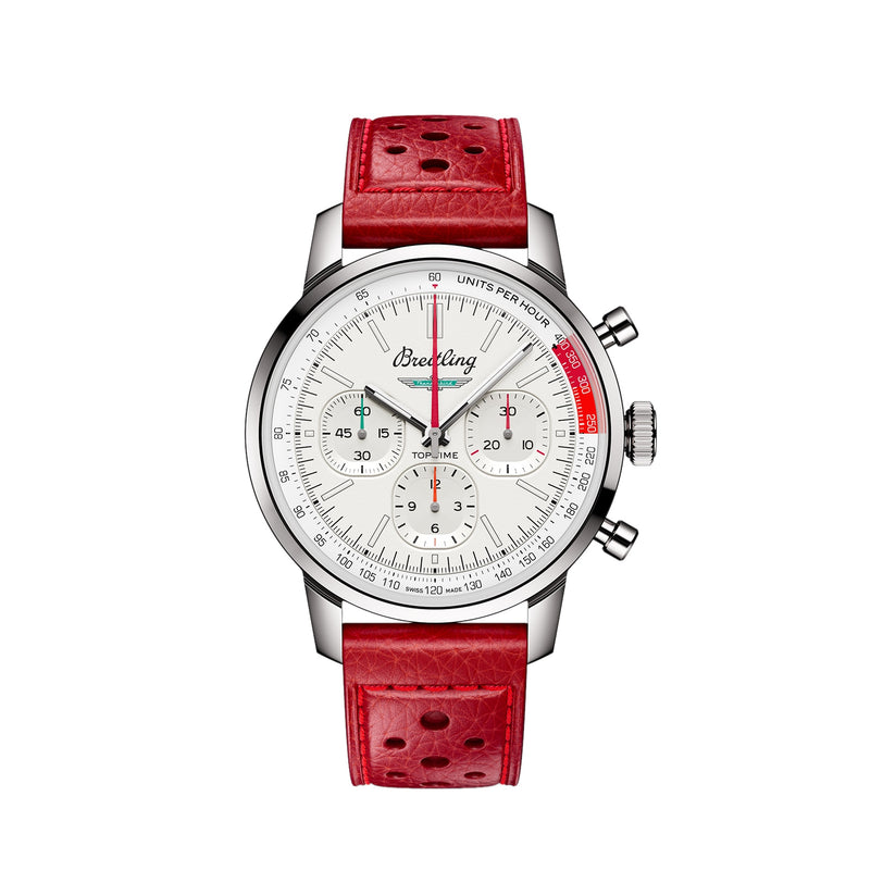 The Breitling Top Time B01 Ford Thunderbird chronograph features a white dial with three subdials and a red perforated leather strap, showcased against a white background.