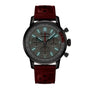 The Breitling Top Time B01 Ford Thunderbird chronograph, featuring a silver dial, three subdials, luminous hands, and a red perforated leather strap with Manufacture Calibre 01, is shown against a white background.