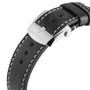 Close-up of a black leather strap with white stitching and a stainless steel buckle engraved with Breitling, designed for the Top Time B01 Triumph watch.
