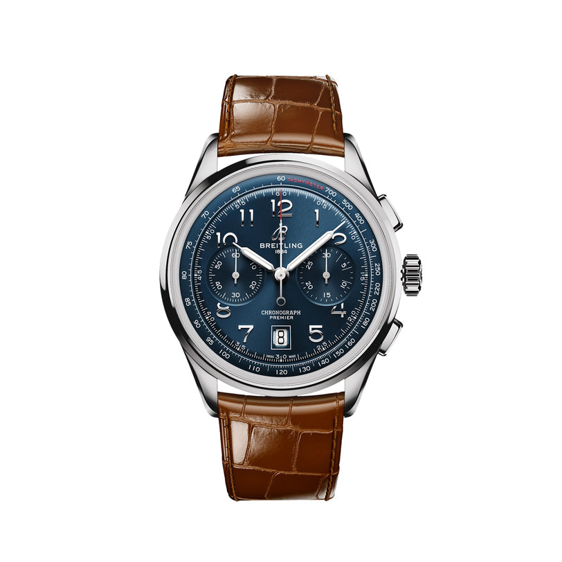 Breitling Premier B01 Chronograph 42 featuring a blue COSC-certified chronograph dial, silver markers, and a brown leather strap, shown against a white background.