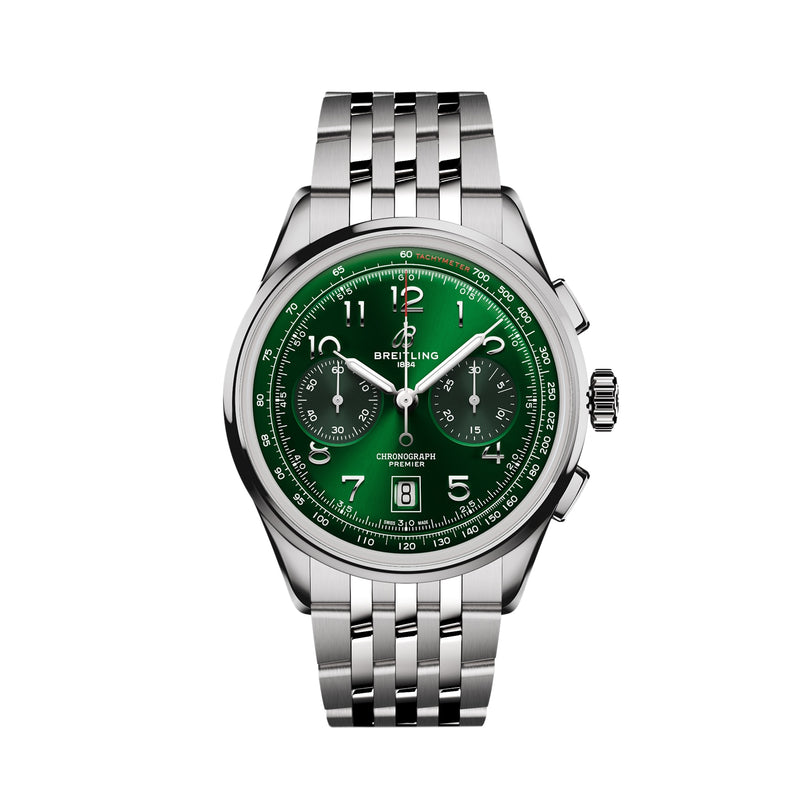 The Breitling Premier B01 Chronograph 42 is a stainless steel luxury watch with a green dial, three subdials, white indices, and a refined metal link bracelet.