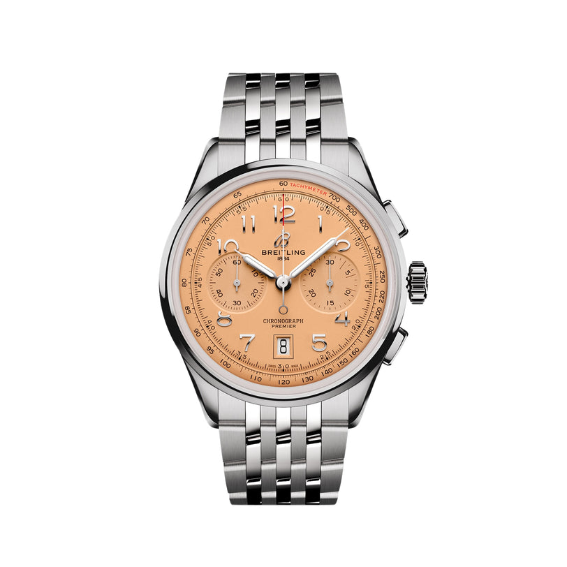 The Breitling Premier B01 Chronograph 42 features a stainless steel case, copper Arabic numeral dial, three subdials, date display, and a metal link bracelet.