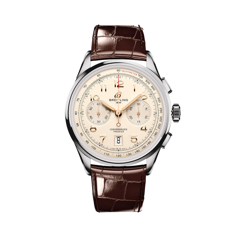 The Breitling Premier B01 Chronograph 42 features a beige dial, silver-tone case, brown leather strap, three sub-dials, chronograph function, date display, and black markers.