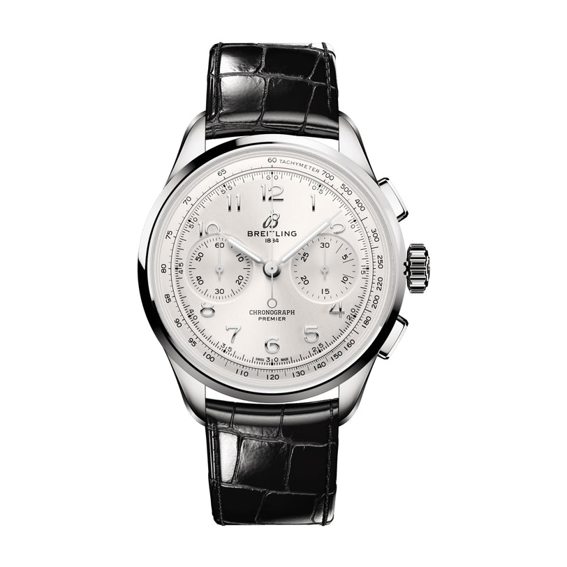 The Breitling Premier B09 Chronograph 42 features a stainless steel case, black leather strap, three subdials, and a tachymeter bezel.