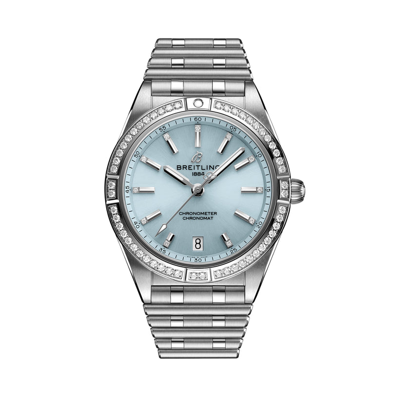 The Breitling Chronomat Automatic 36 features an ice blue dial with diamond hour markers, a diamond-accented bezel, date display at 6 o’clock, and a sleek silver metal link bracelet.