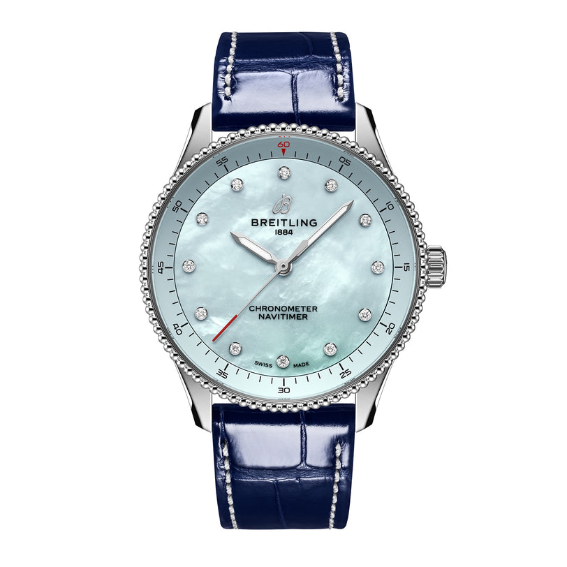 The Breitling Navitimer 32 boasts a blue mother-of-pearl dial, diamond hour markers, and a sleek blue leather strap.