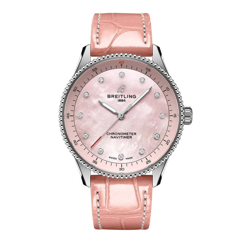 The Breitling Navitimer 32 showcases a pink mother-of-pearl dial with diamond hour markers and a pink leather strap, powered by the precise Breitling 77 calibre.